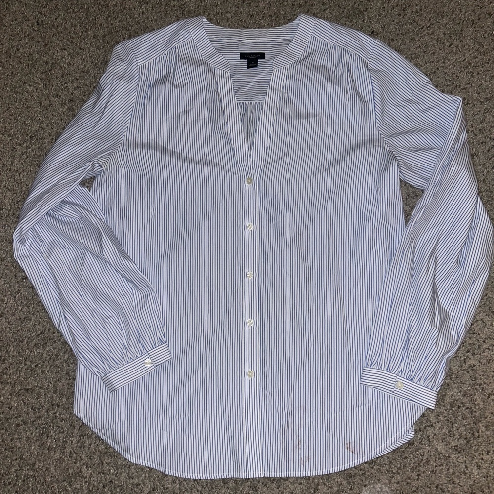 Ann Taylor Men's White and Blue Pinstripe Shirt